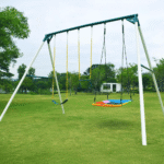 9.5′ Heavy Duty Metal Swing Set with Belt Swing, Trapeze Bar